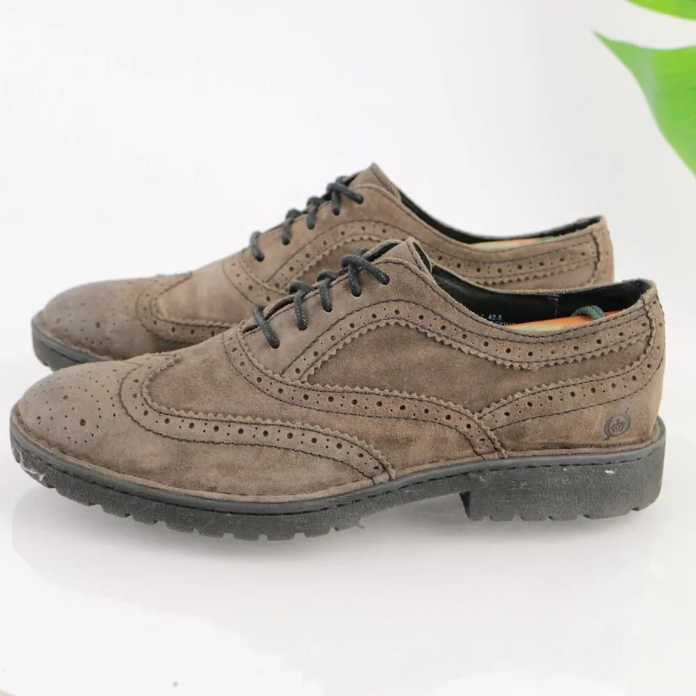 Born Mens Oxford Size 9 Brown Suede Wingtip‎ Brogue Lug Sole Dress Shoe